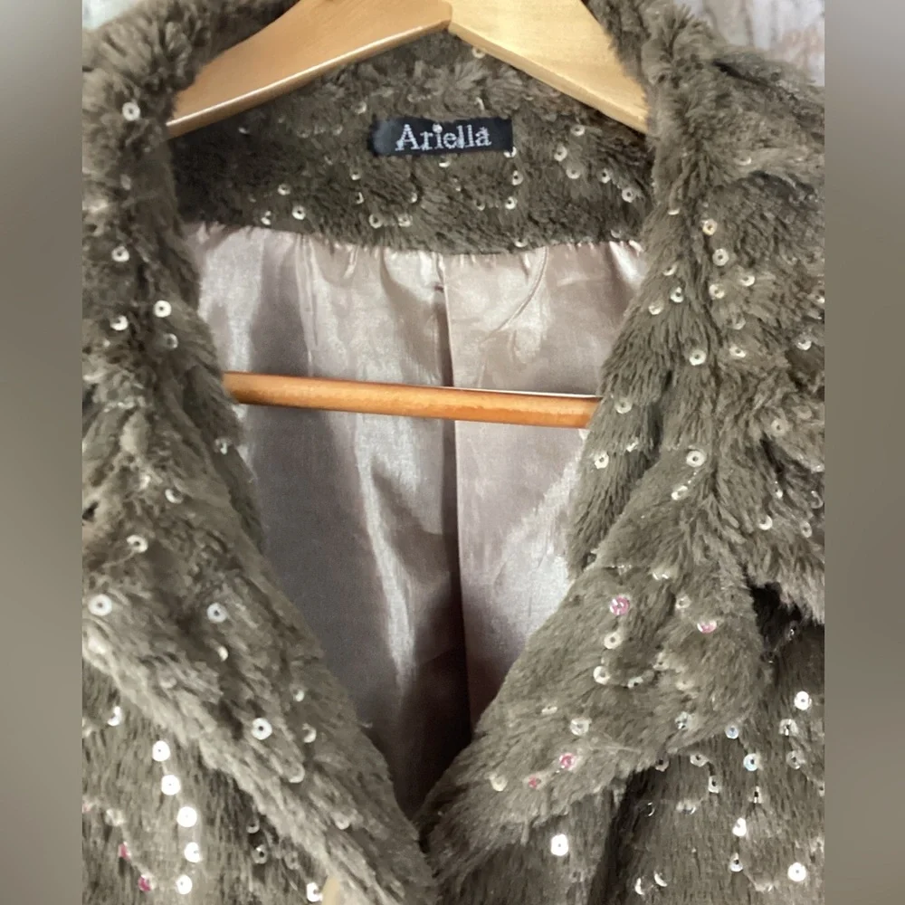 Ariella Glam Sequin Luxe Faux Fur Party Statement Chic Luxury Jacket L - Picture 4 of 5